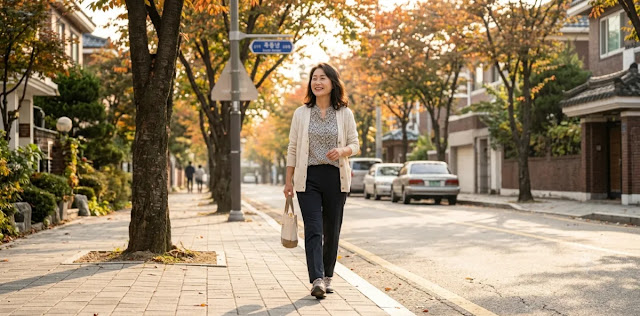 혈관 건강을 지키는 당독소 빼는법 실천에 따라 식후 가볍게 거리를 걷는 장면 식사 후 치명적인 인슐린 저항성 문제를 막기 위해 가볍게 밖을 산책하는 모습