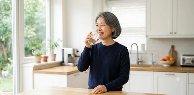 간헐적 단식 효과 극대화를 위해 음식을 제한하고 빈속에 수분을 섭취하는 장면 효과적인 16대8 단식 방법 실천을 위해 아침에 일어나 깨끗한 물을 마시는 모습