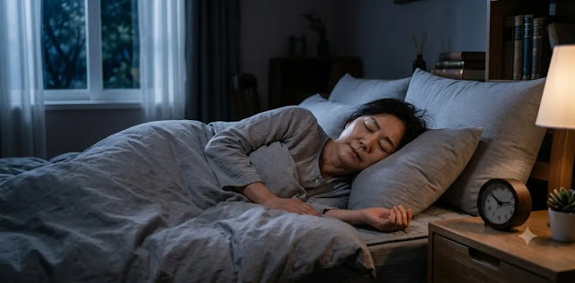 손상된 신체를 복구하는 오토파지 항노화 시스템에 따라 편안하게 숙면하는 장면 수면 중 분비되는 성인 성장호르몬 촉진을 위해 침실에서 아주 깊게 잠든 모습