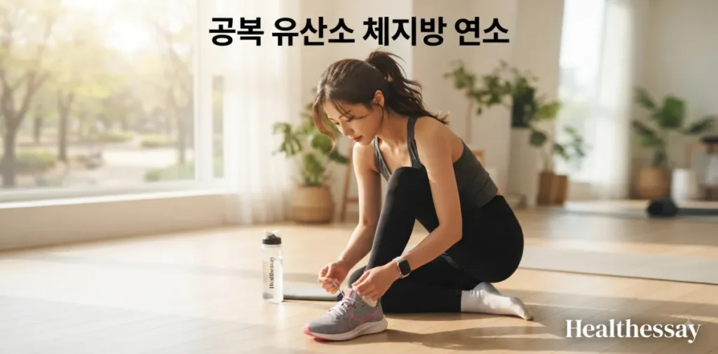 이른 아침에 운동화 끈을 단단히 묶으며 공복 유산소 운동을 준비하는 모습
