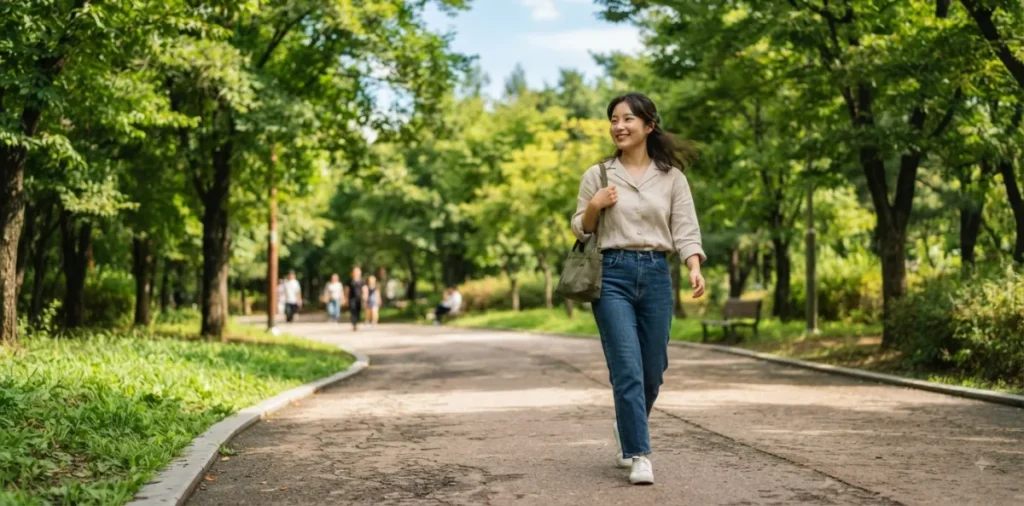 푸른 나무가 우거진 아침 공원에서 적절한 강도로 걷기 운동을 이어가는 모습