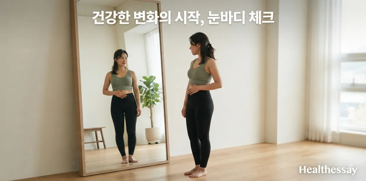 전신 거울 앞에서 지방 분해 호르몬 증가에 따른 복부 변화를 유심히 살피는 모습