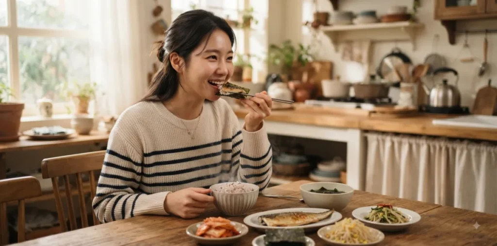 식탁에 앉아 내장지방 빼는 음식인 해조류와 생선 반찬을 아주 맛있게 먹는 모습
