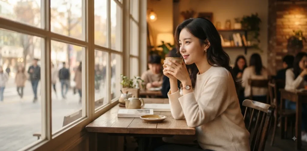 창가 의자에 앉아 따뜻한 차를 마시며 기초대사량 높이는 식단 계획을 세우는 모습