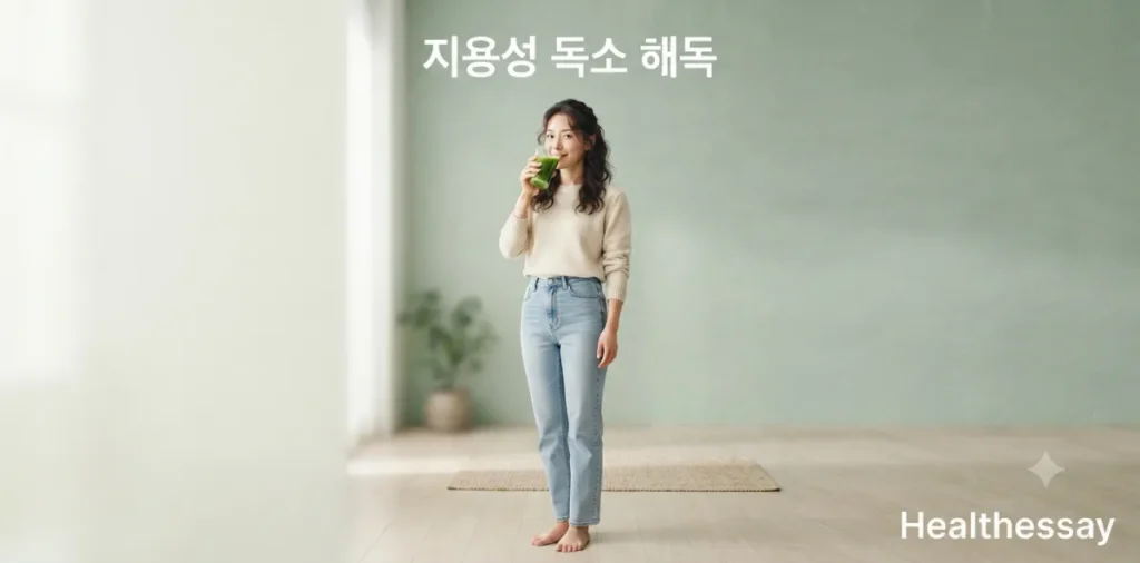 지용성 독소 해독 과정을 돕기 위해 신선한 해독 주스를 마시며 관리하는 모습
