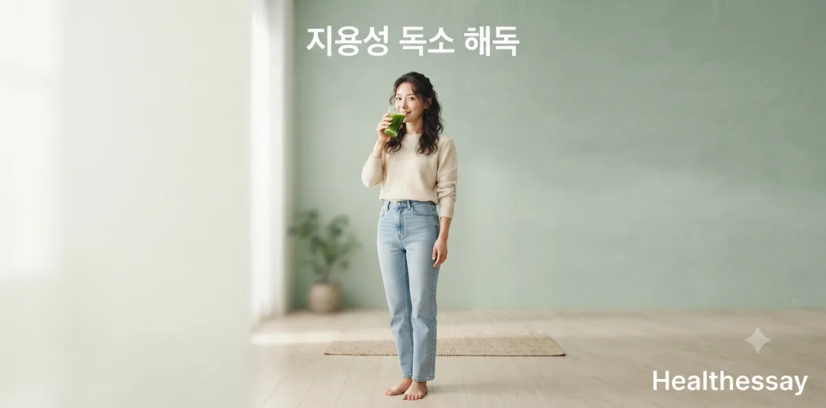 지용성 독소 해독 과정을 돕기 위해 신선한 해독 주스를 마시며 관리하는 모습