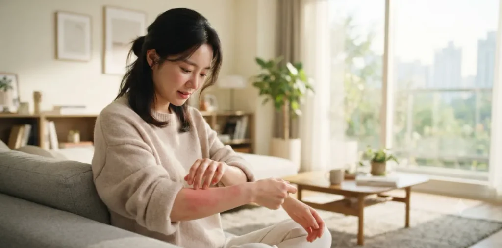 다이어트 두드러기 증상으로 인해 팔에 붉게 올라온 피부를 조심스럽게 만지는 모습