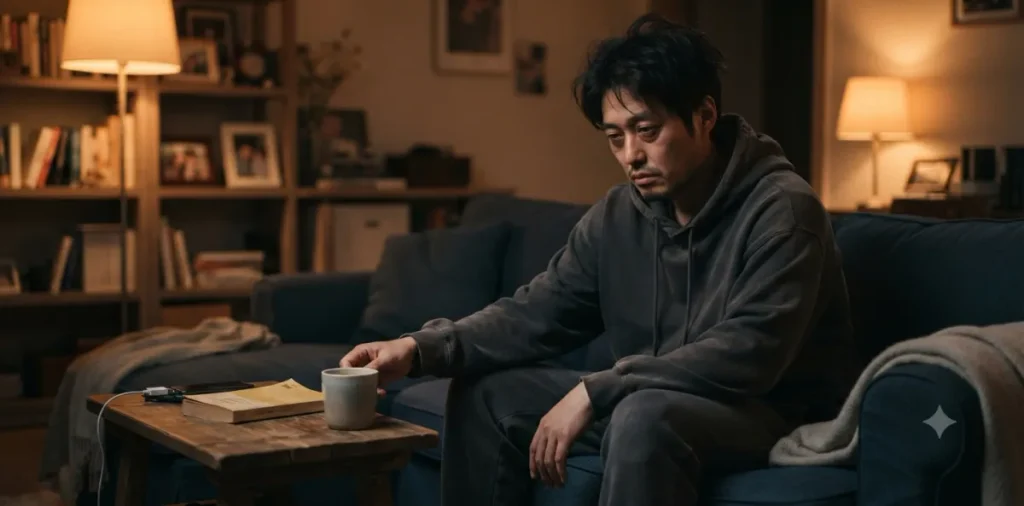 심한 다이어트 피곤함 증상 때문에 소파에 앉아서 힘없이 축 늘어져 휴식하는 모습