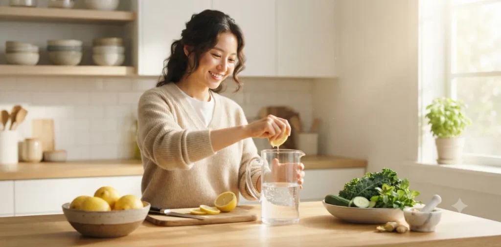 간 해독 작용 효율을 높이기 위해 주방에서 신선한 레몬과 푸른 채소를 준비하는 모습