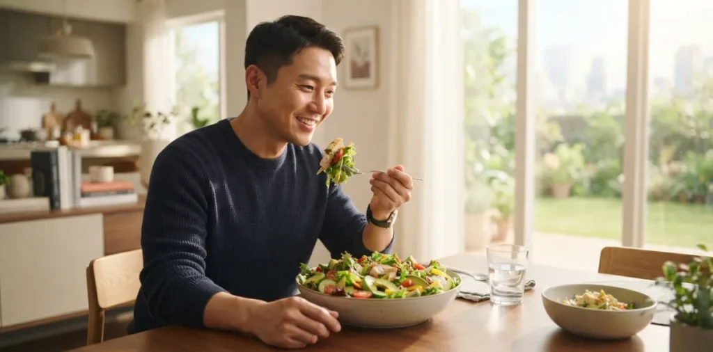 배출 과정이 막히지 않도록 장내 체지방 독소 흡착을 돕는 샐러드를 먹는 모습