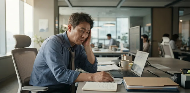심각한 새는 장 증후군 증상에 따라 사무실 의자에 앉아 피로감을 호소하는 장면 누적된 만성 피로와 새는 장 증후군 증상으로 인해 책상에 기대어 지친 모습