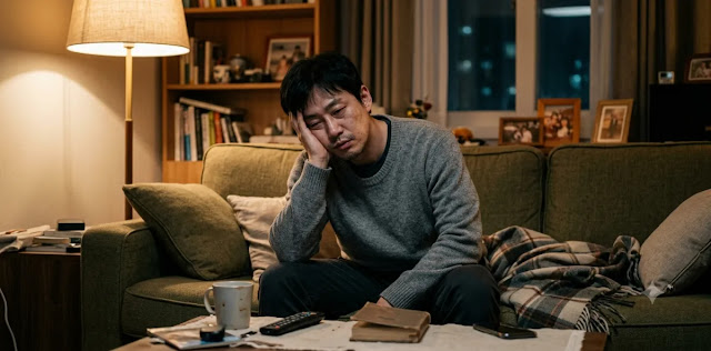 소파에 앉아 심각한 남성 갱년기 증상 문제로 인해 온몸이 완전히 지쳐 있는 모습