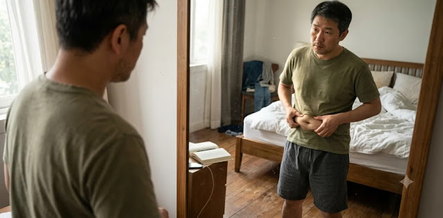 늘어난 뱃살을 거울로 보며 심각한 인슐린 저항성 상태를 스스로 직접 확인하는 모습