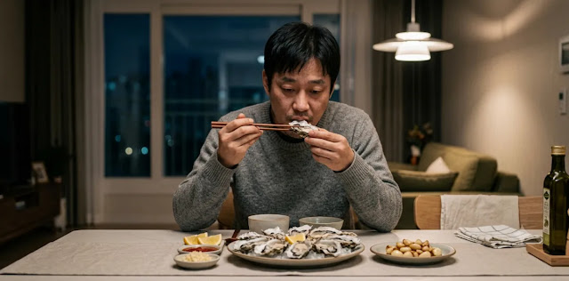 아연이 풍부한 굴과 마늘을 먹으며 건강한 40대 필수 영양소 보충에 확실히 성공한 모습