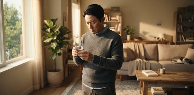 간헐적 단식 인슐린 수치 변화에 따라 올바른 수분 섭취 방법을 실천하는 장면 물컵을 들고 인슐린 저항성 다이어트 진행 시 발생할 수 있는 문제를 생각하는 모습