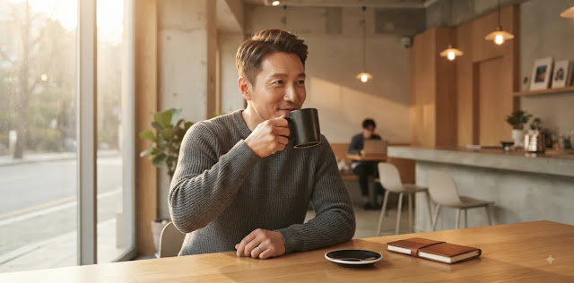본격적인 체지방 타는 시간 확보를 위해 칼로리 없는 따뜻한 음료를 섭취하는 장면 카페에서 블랙커피를 마시며 인슐린 호르몬 뱃살 감량 효과를 차분히 기대는 모습
