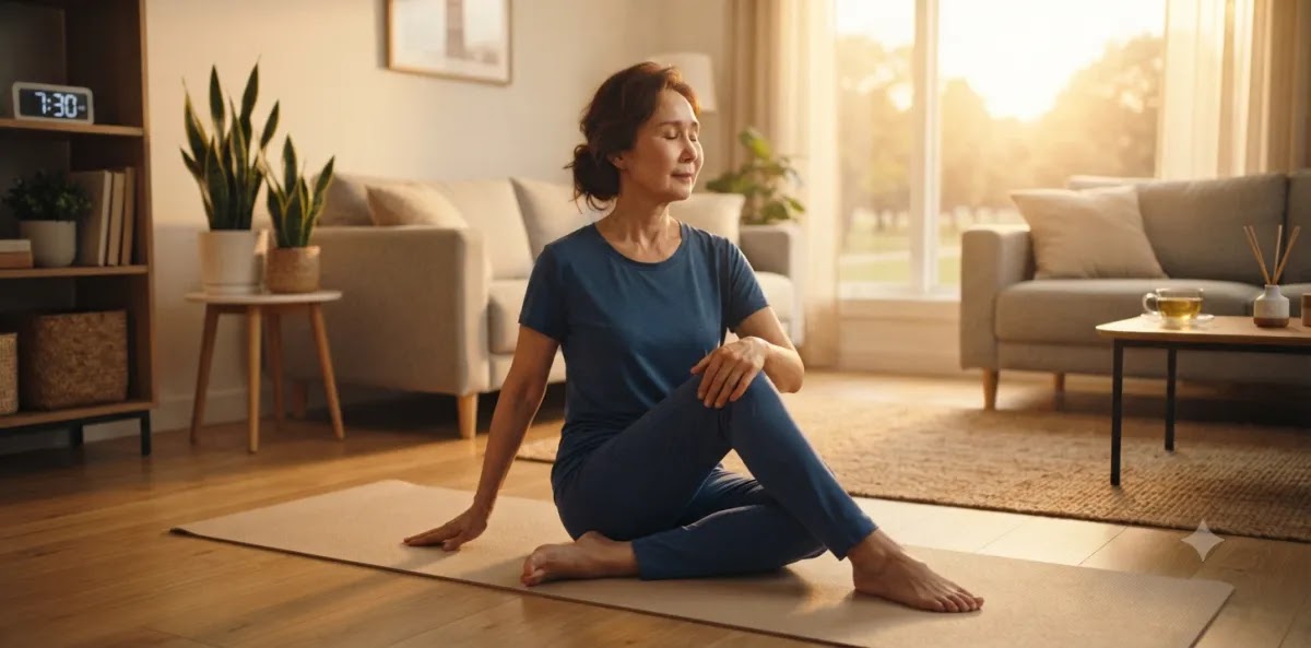 스트레칭 자극에 따라 원활한 체내 독소 배출 경로를 시원하게 열어주는 중년 여성의모습 요가 매트 위에서 부드럽게 이완하며 정체된 체내 노폐물 배출 속도를 높이는 모습
