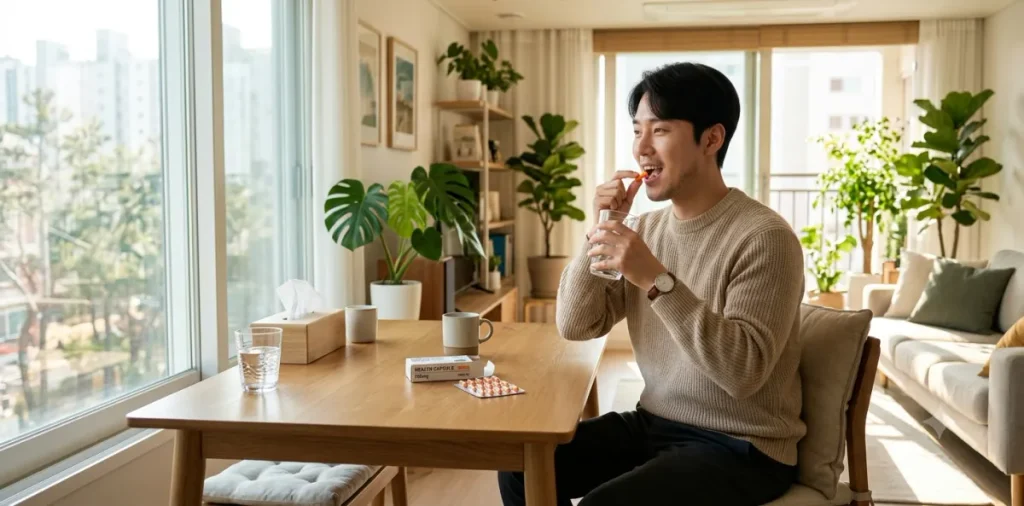 미토콘드리아 셔틀 역할을 돕기 위해 아침에 일어나 물과 함께 영양제를 먹는 모습