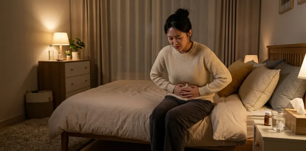 엘카르니틴 부작용 중 하나인 위장 장애를 겪으며 침실에서 배를 부여잡고 있는 모습