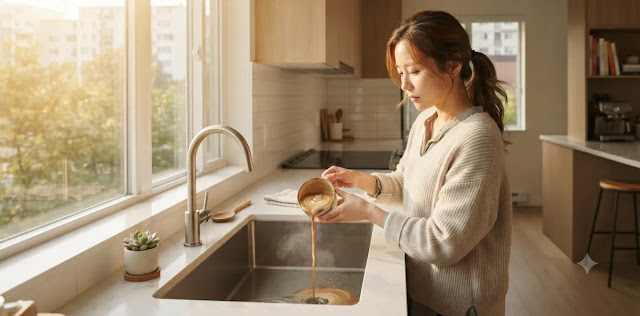 건강한 인슐린 저항성 다이어트 성공을 위해 단 음료 섭취를 과감히 중단하는 장면 주방 싱크대에 달콤한 커피를 버리며 공복 혈당 스파이크 위험성을 차단하는 모습