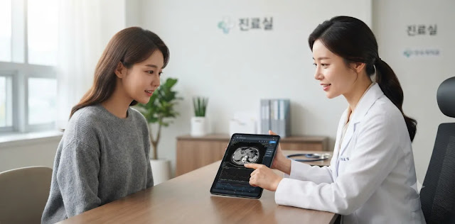 태블릿 화면을 보며 렙틴 호르몬 정상화 과정을 위해 전문가의 조언을 듣는 장면 진료실에서 다이어트 정체기 인슐린 호르몬 검사 결과를 의사와 함께 살피는 모습