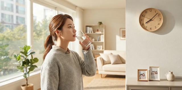 따뜻한 물을 마시며 글루카곤 지방 분해 촉진을 위해 정확한 공복 시간을 재는 장면 벽시계를 바라보면서 간헐적 단식 16시간 유지 목표를 차분하게 실천하고 있는 모습