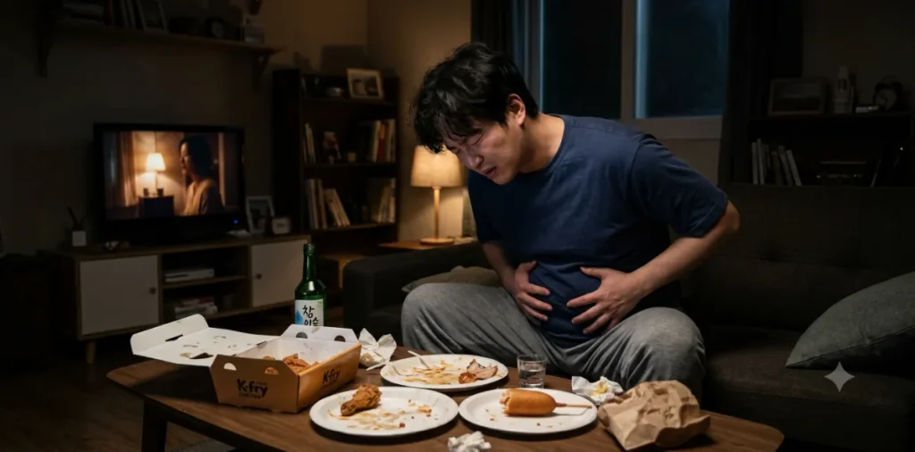 만성 염증 원인이 되는 오래된 기름으로 조리된 야식을 먹고 배를 움켜쥔 남성 모습