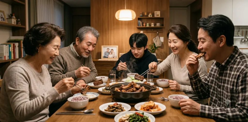 발암물질 생성 위험이 높은 짙은 갈색의 달콤한 양념 고기구이를 가족이 함께 먹는 장면