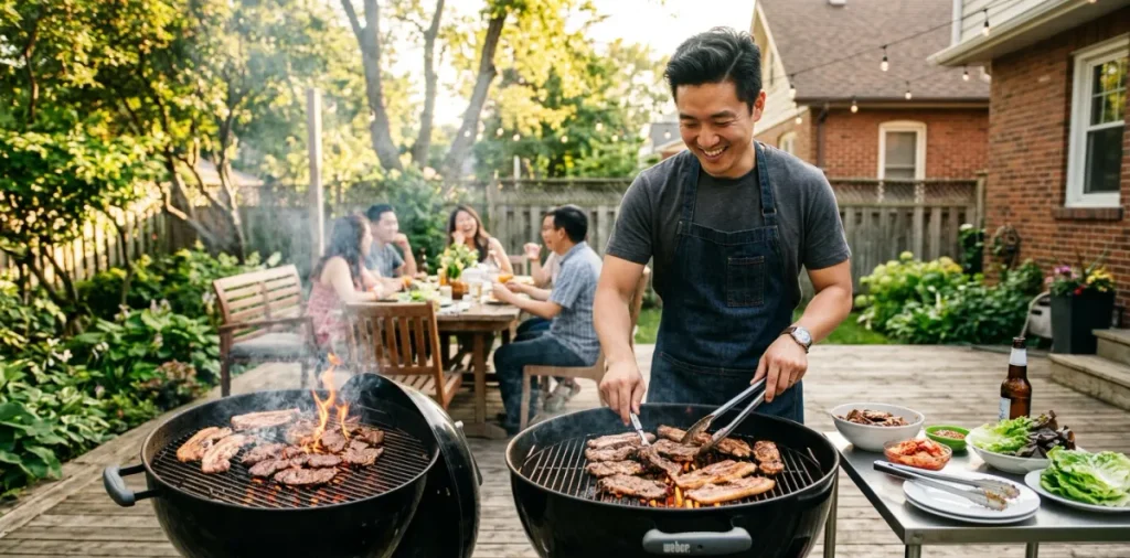 건강을 망치는 최악의 조리법인 숯불 위에서 고기를 직화로 바싹 굽고 있는 장면