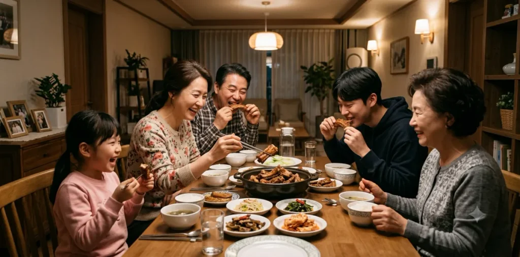 달콤한 양념으로 구워낸 당독소 많은 음식을 가족들과 식탁에 앉아 먹는 장면