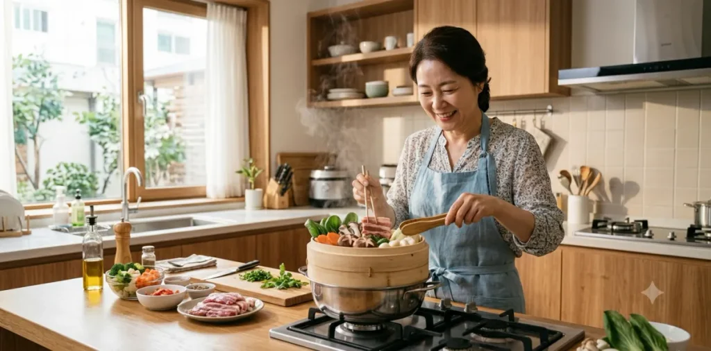 음식 재료를 수분으로 찌는 당독소 줄이는 조리법을 주방에서 실천하는 모습