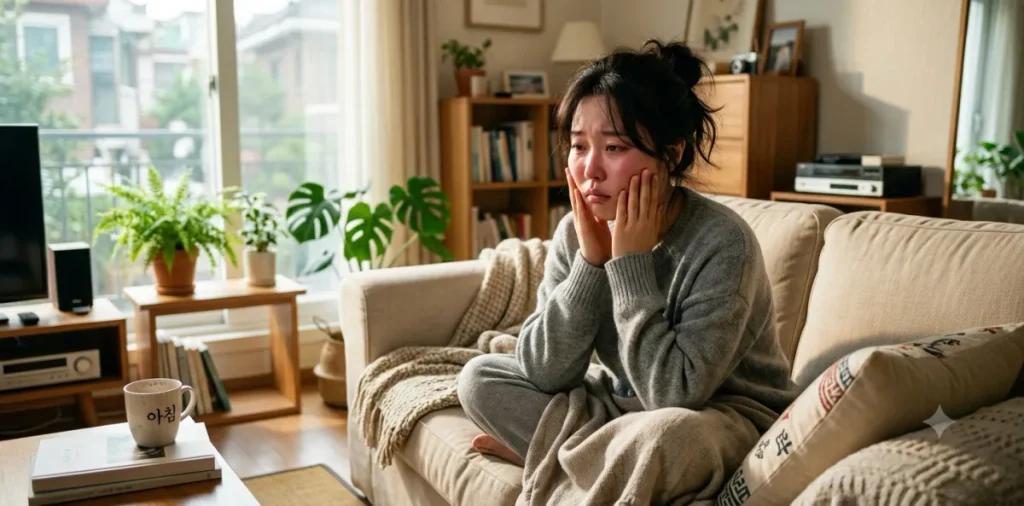치팅데이 다음날 식단 조절 시작 전 퉁퉁 부은 얼굴을 만지며 속상해하는 장면