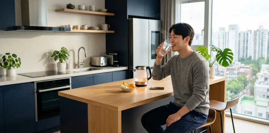 급찐급빠 24시간 단식 루틴 중 주방에서 따뜻한 물을 마시며 수분 채우는 모습