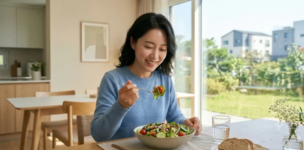 급찐급빠 24시간 단식 루틴 중 주방에서 따뜻한 물을 마시며 수분 채우는 모습