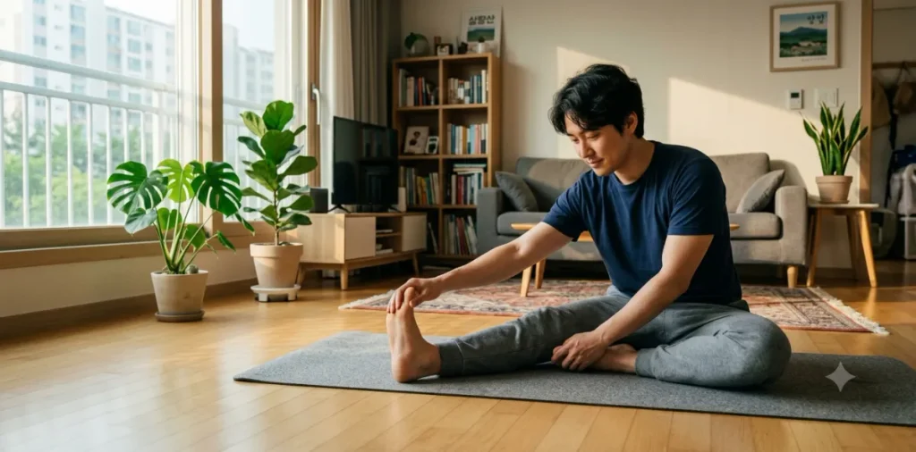 탄수화물 폭식 다음날 대처법으로 요가 매트 위에서 가볍게 스트레칭하는 모습