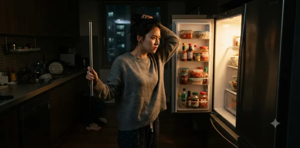 식욕 억제 실패 원인 때문에 늦은 밤 냉장고 문을 열고 간식을 찾는 모습