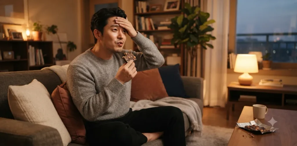 뇌가 속아 만들어낸 가짜 배고픔 증상으로 인해 달콤한 초콜릿을 먹는 모습