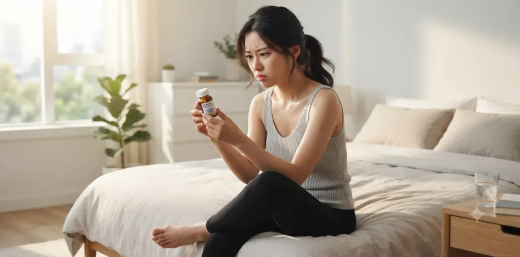 다이어트 폭식증 원인을 약물로 강제 억제하려다 부작용을 걱정하고 있는 모습