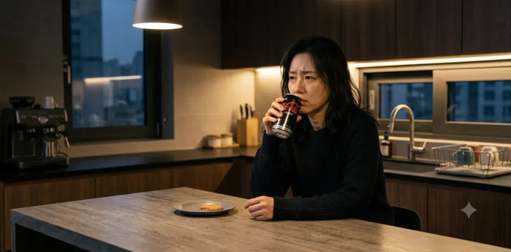 대체 당 부작용 우려에도 불구하고 어두운 주방에서 탄산음료를 마시는 여성