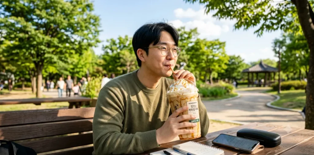 식후 혈당 스파이크 원인이 되는 아주 달콤한 대형 라떼를 밖에서 마시는 남성 모습