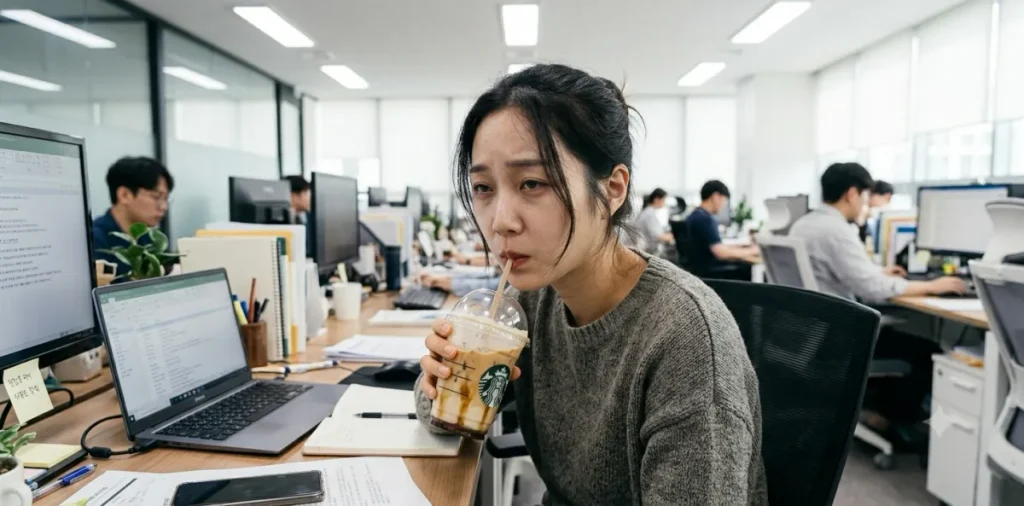 가공식품 당독소 탓에 식후 사무실 책상에서 달달한 커피를 마시며 지친 여성 모습