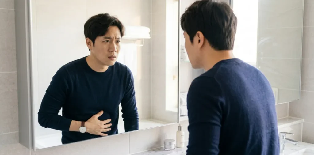 인슐린 저항성 원인 작용으로 화장실 거울 앞에서 불어난 뱃살을 만지는 남성 모습