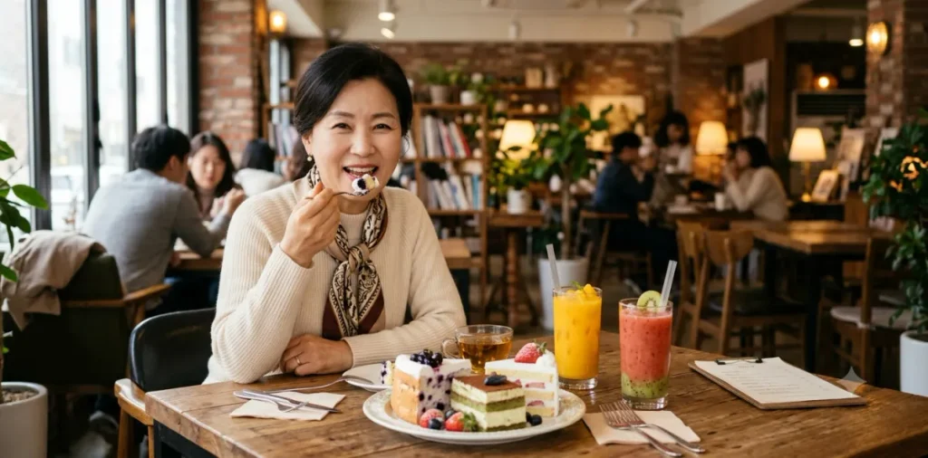 가짜 식욕 폭발로 인해 카페에 앉아 과일 주스와 달콤한 디저트를 폭식하는 모습