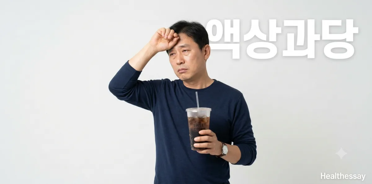 액상과당 혈당 스파이크 위험성을 느끼고 단 음료를 들고 지쳐있는 남성 모습