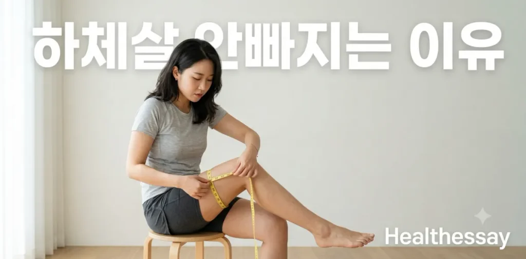 나의 아주 심각한 하체비만 원인을 파악하기 위해 줄자로 허벅지를 재보는 장면