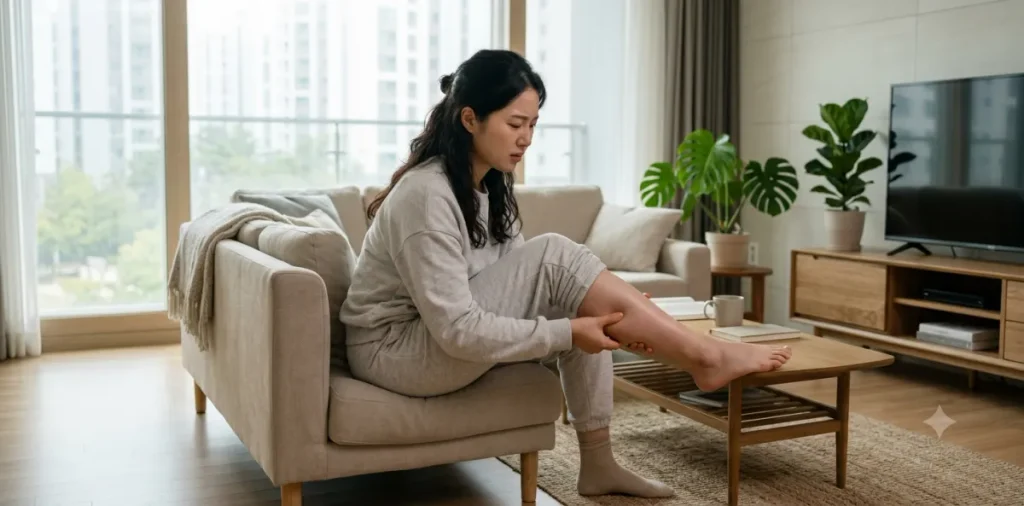 여성호르몬 불균형 증상으로 인해 퉁퉁 부어오른 종아리를 손가락으로 누르는 모습