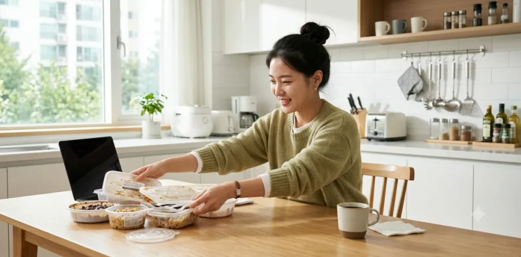 심각한 에스트로겐 우세증 예방을 위해 식탁 위에 놓인 플라스틱 용기를 치우는 모습