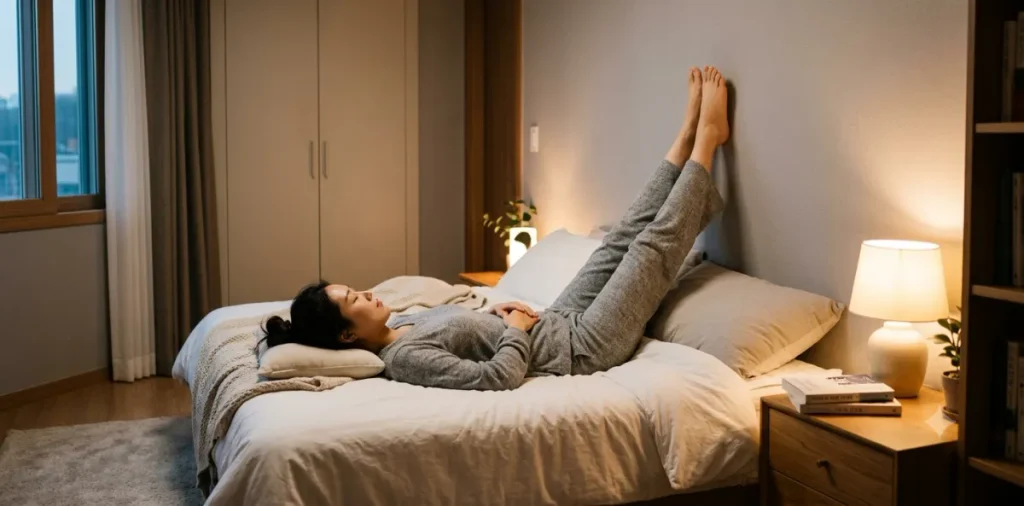 원활한 하체 혈액순환 스트레칭을 돕고자 벽에 두 다리를 편안히 기대어 올린 모습