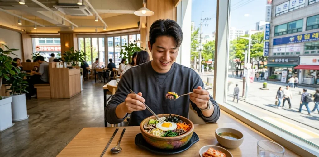 직장인 점심 다이어트 규칙을 지키며 식당에서 담백한 비빔밥을 챙겨 먹는 모습