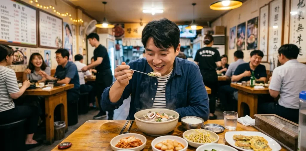 염증 수치 낮추는 음식 중 하나인 맑은 조개탕을 회식 자리에서 맛있게 먹는 모습